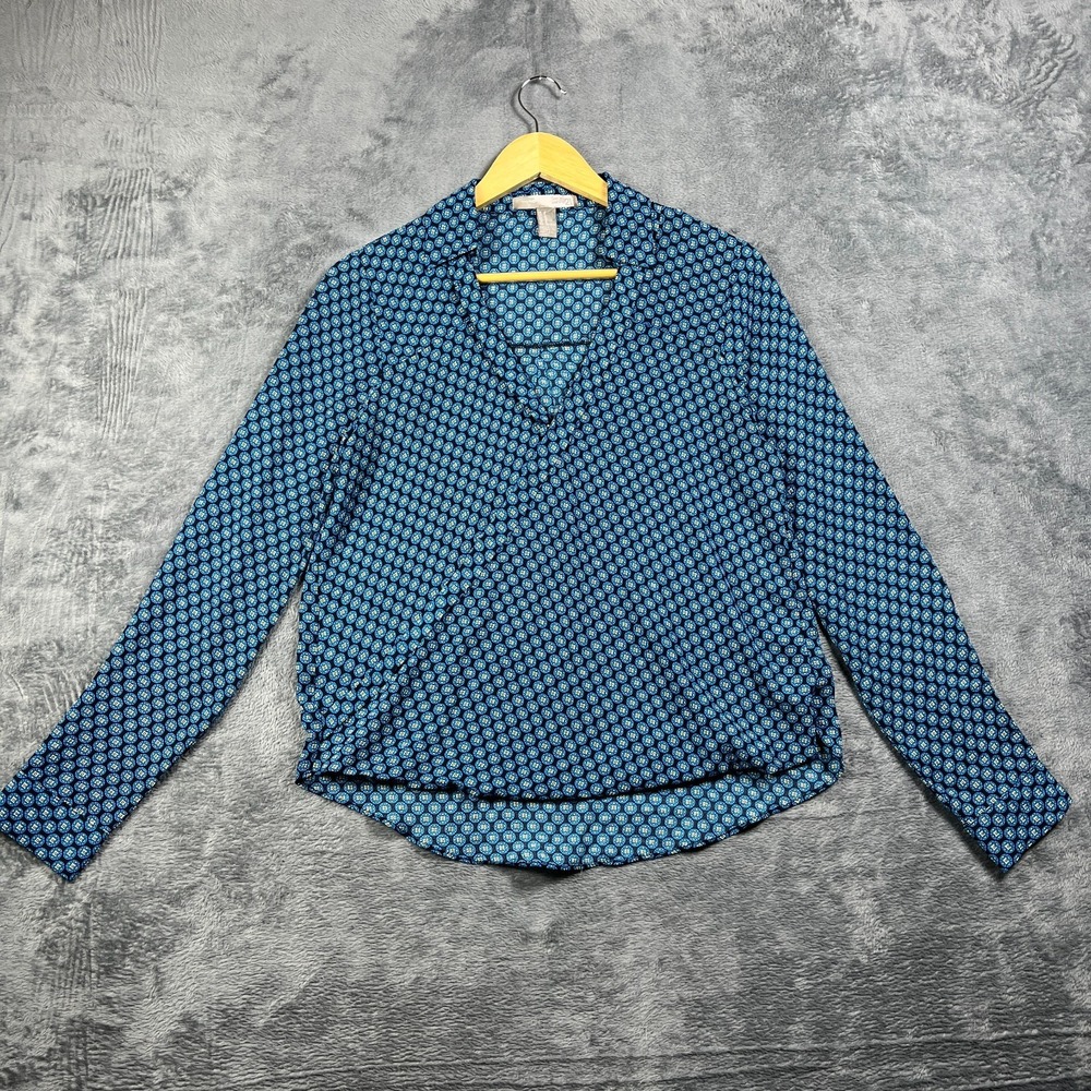 Love 21 Blouse Top Womens Small Blue Geometric Long Sleeve Wrap Front Draped Hem